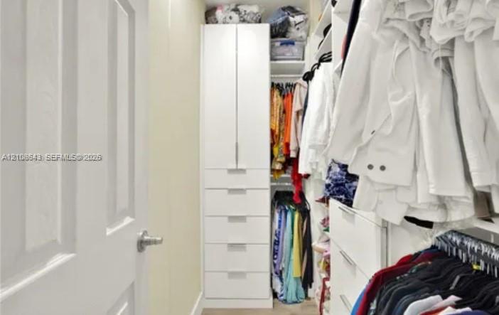 Walk-in closet featuring white built-in cabinetry, floor-to-ceiling storage, tiered shelving, and integrated drawers