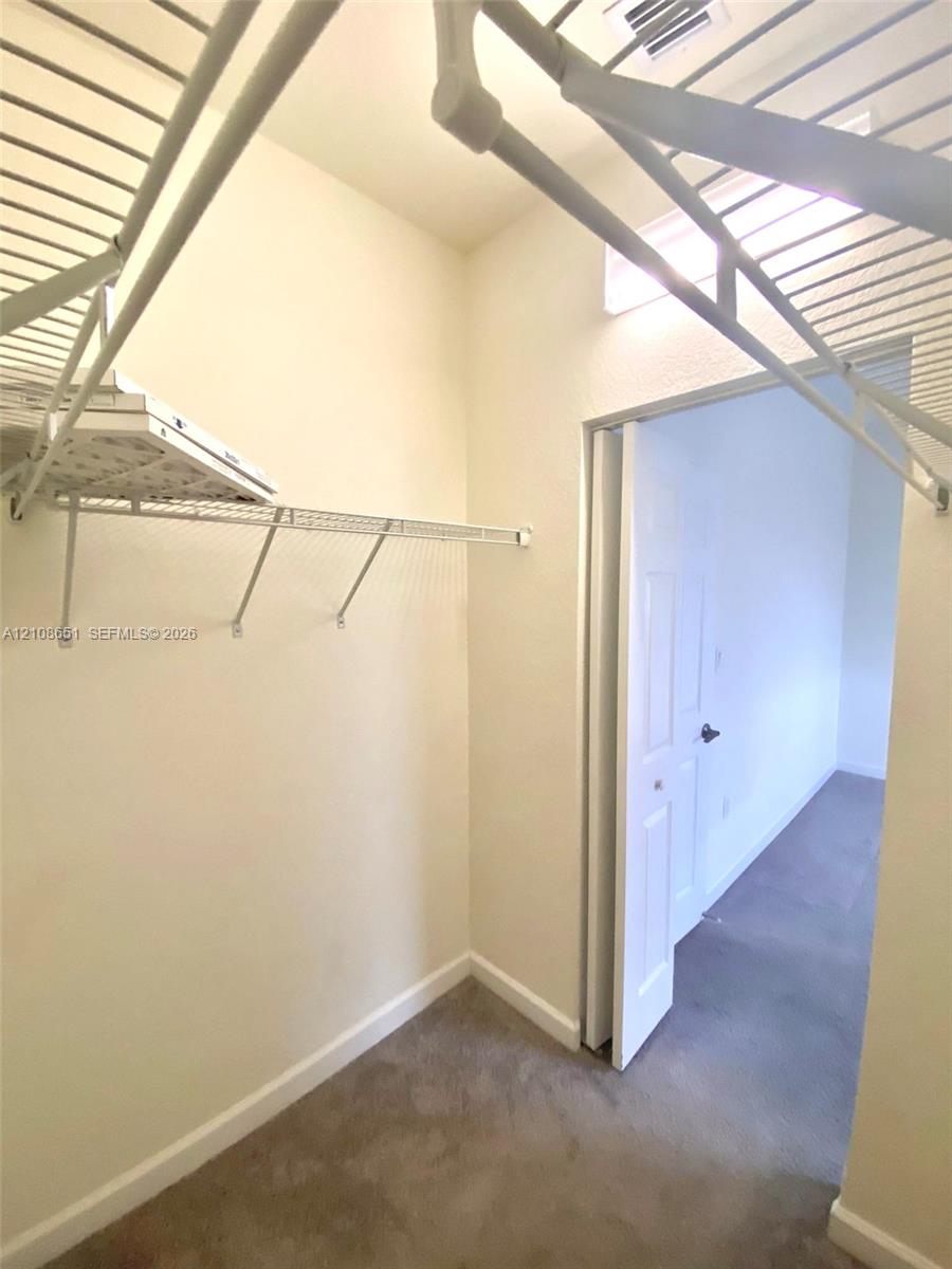 Storage area featuring wire shelving and carpeted flooring