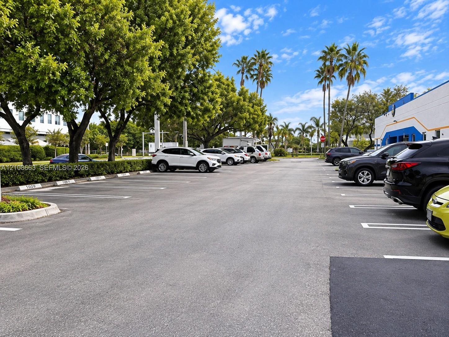 Paved asphalt parking area featuring marked spaces, concrete curbing, and mature landscaping