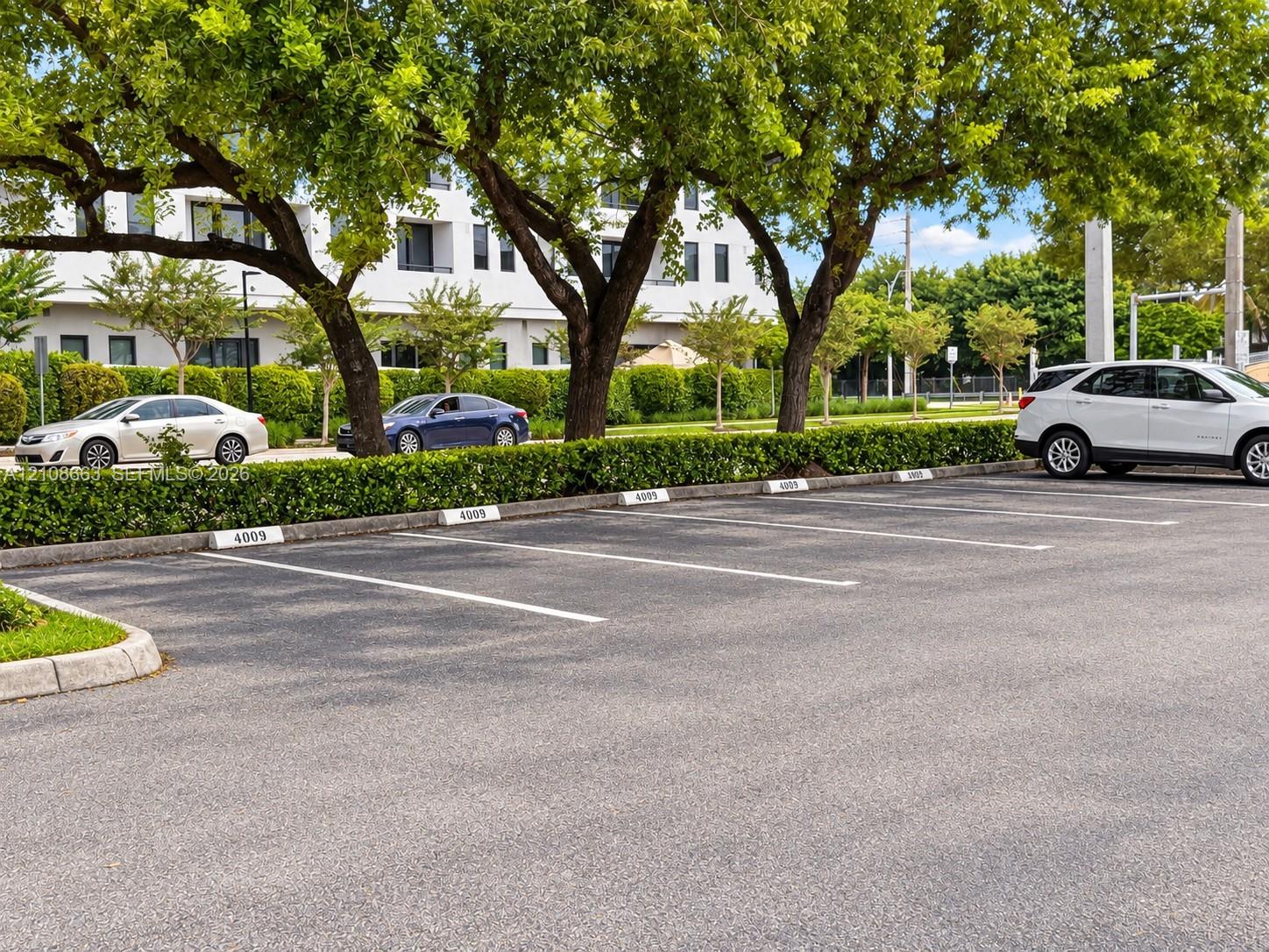 Paved surface parking area with numbered concrete wheel stops, bordered by manicured hedges and mature trees
