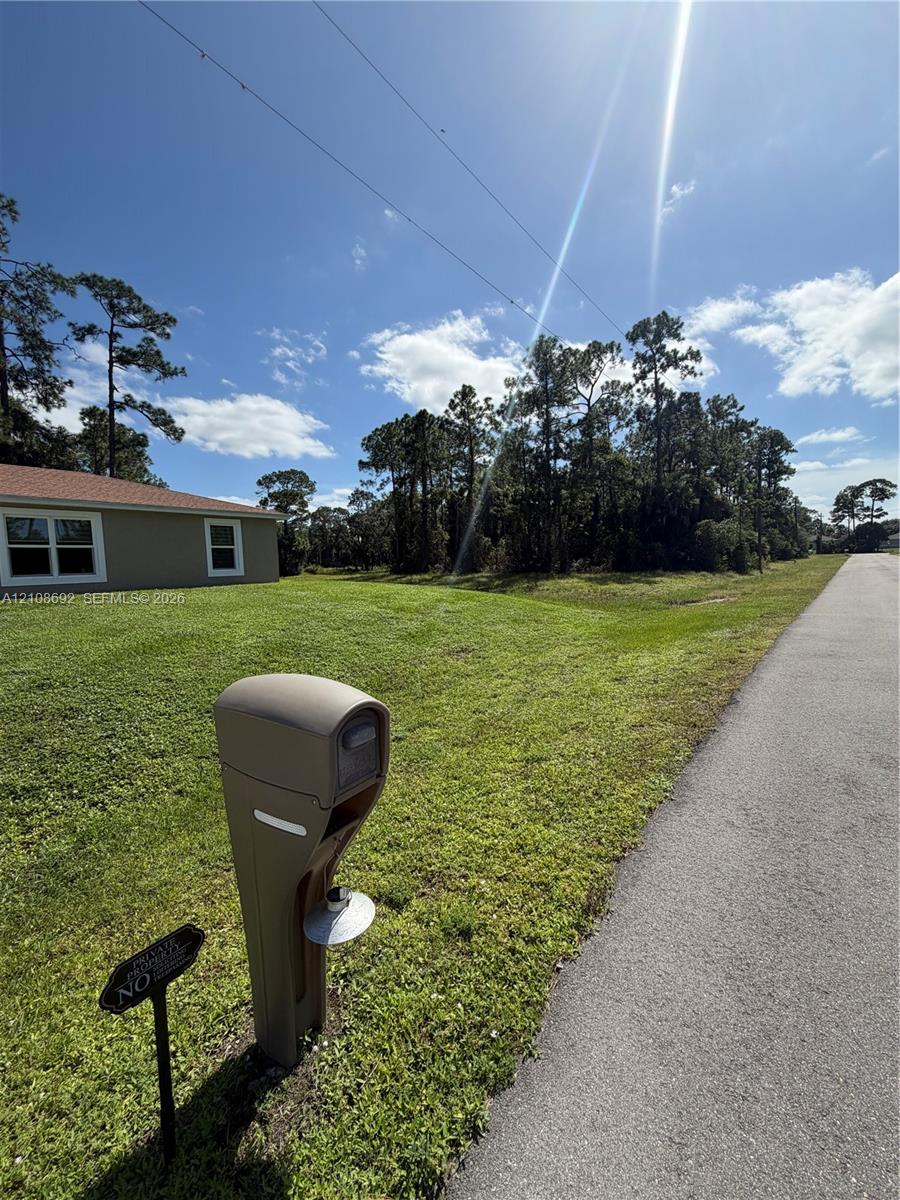 Expansive lot featuring a manicured lawn, mature trees, asphalt roadway access, and a neutral-toned exterior finish