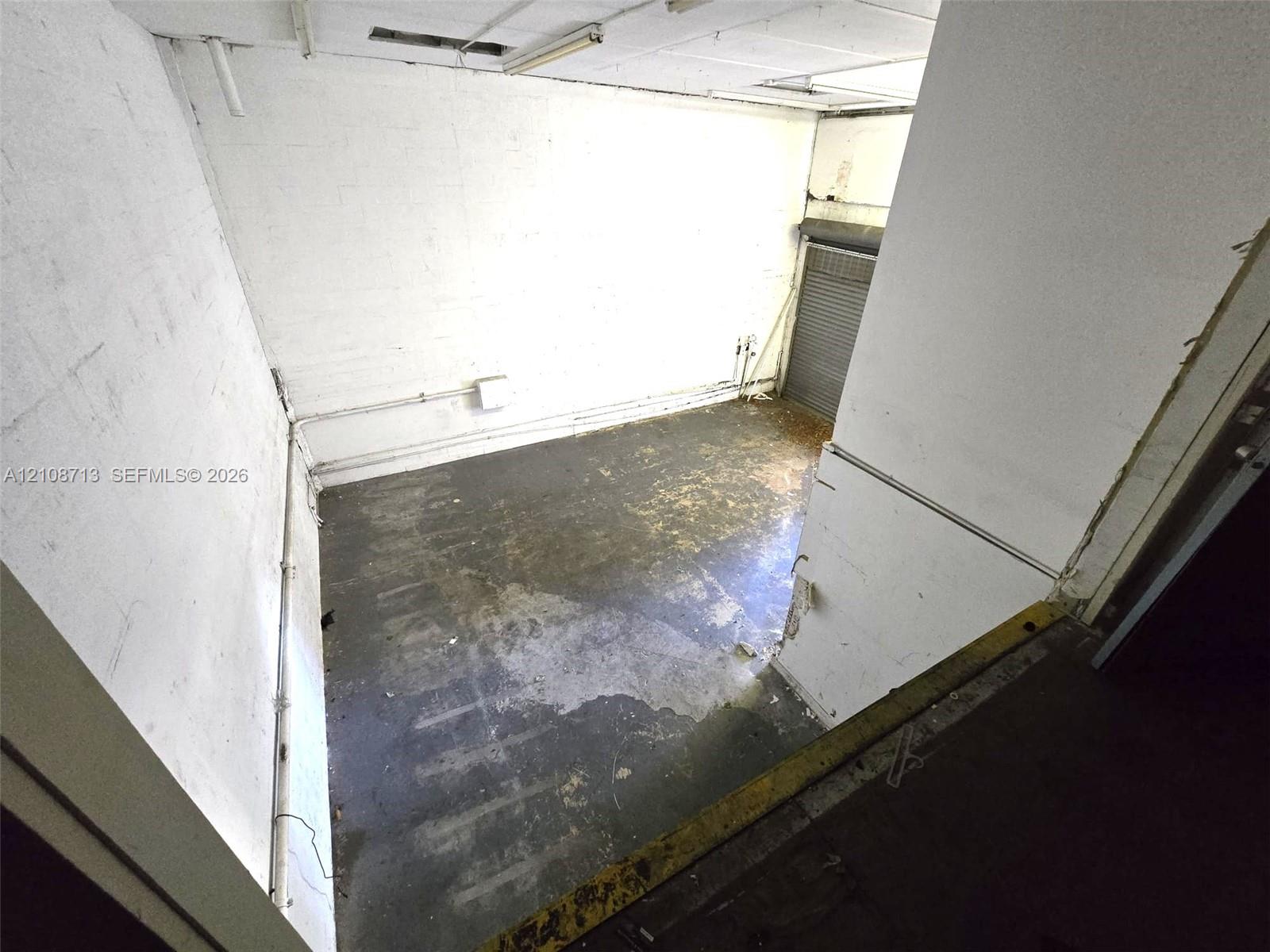 Open-concept room featuring concrete flooring, painted masonry walls, exposed conduit, and a metal roll-up door