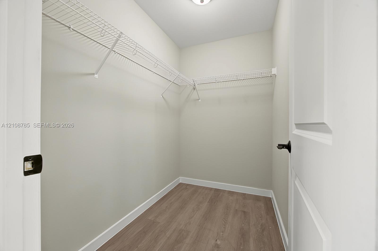 Walk-in closet featuring wood-finish flooring, white walls, and integrated wire shelving