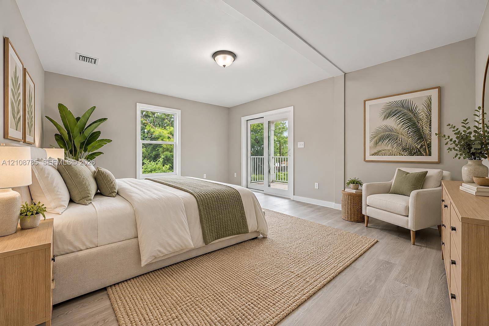 Bedroom featuring wood-finish flooring, a single window, and sliding glass doors with exterior balcony access