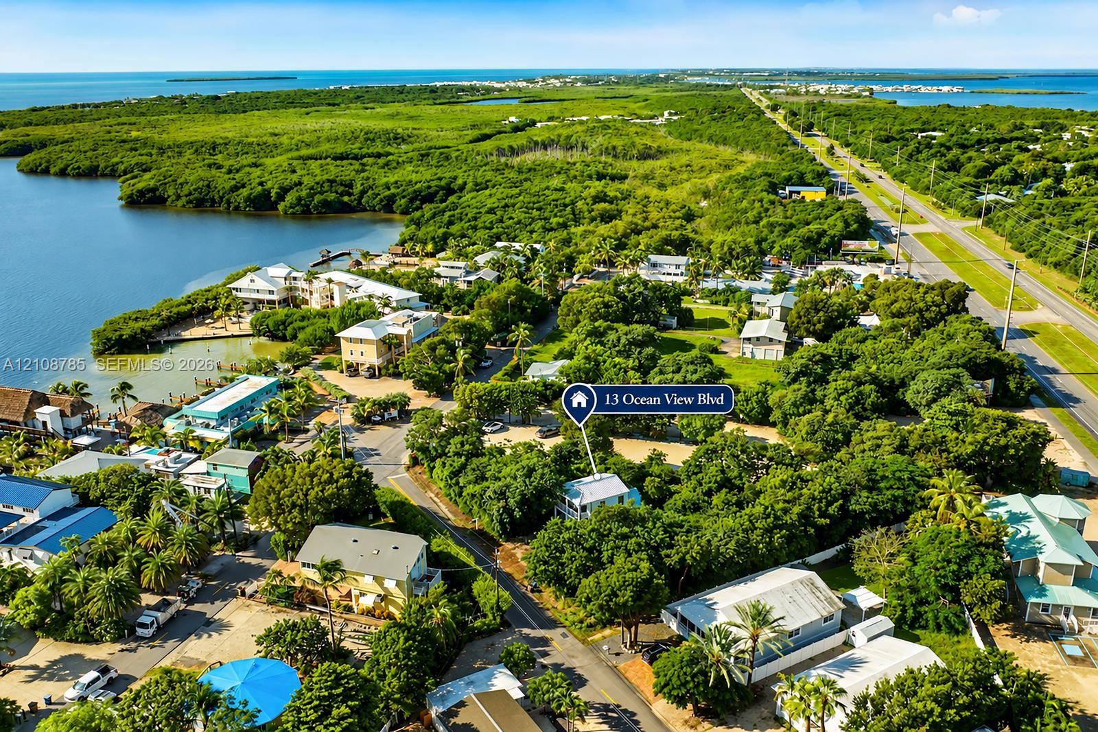 Aerial perspective of a property featuring extensive mature tree canopy, proximity to open water, and immediate access to a paved coastal roadway