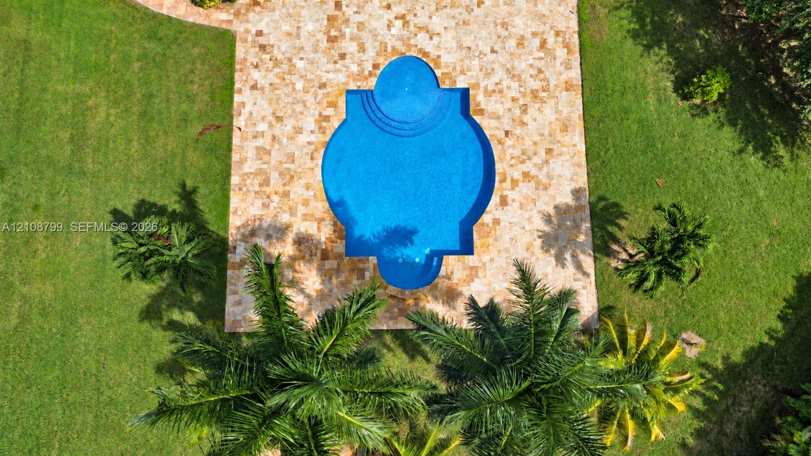 Custom-shaped swimming pool with a stone paver deck, surrounded by a manicured lawn and mature palm trees