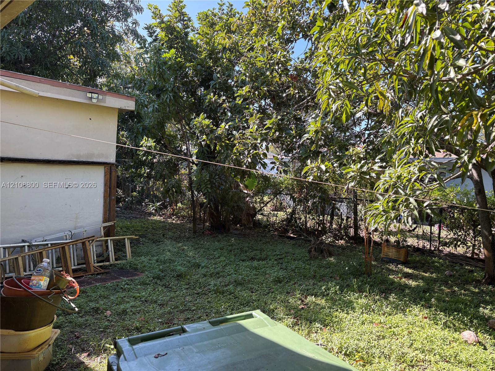Exterior space featuring mature trees and a grass-covered lot