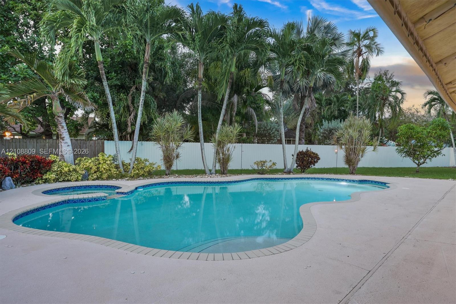 Freeform swimming pool with integrated spa, expansive concrete patio, and perimeter privacy fencing surrounded by mature palm trees