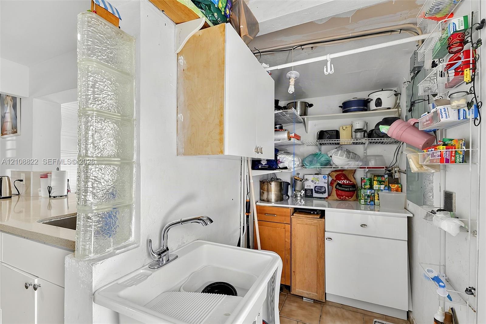 Utility space featuring a glass block partition, a white deep-basin sink with a chrome faucet, built-in cabinetry, and open wire shelving