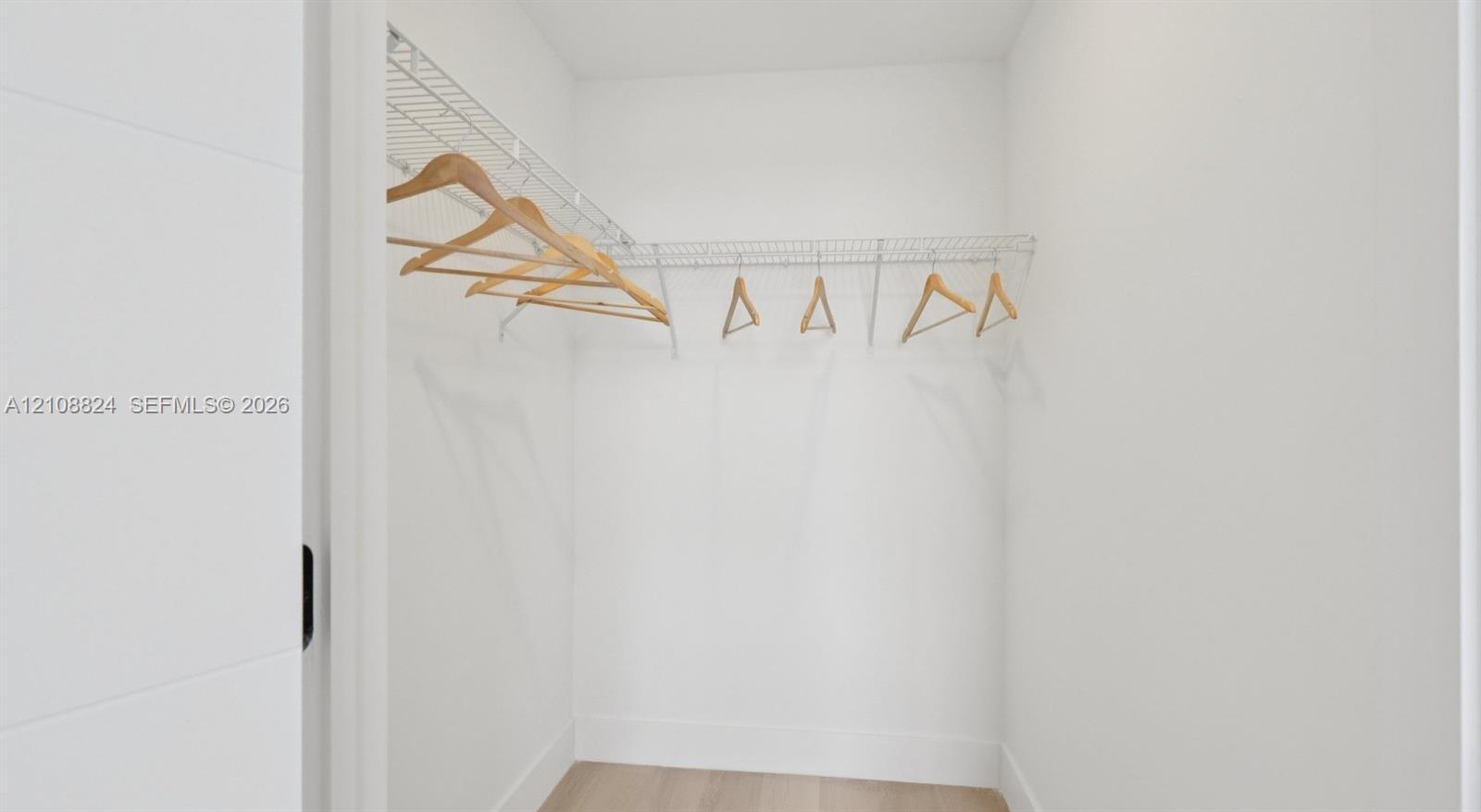 Walk-in closet featuring white walls, light-toned wood-finish flooring, and built-in wire shelving