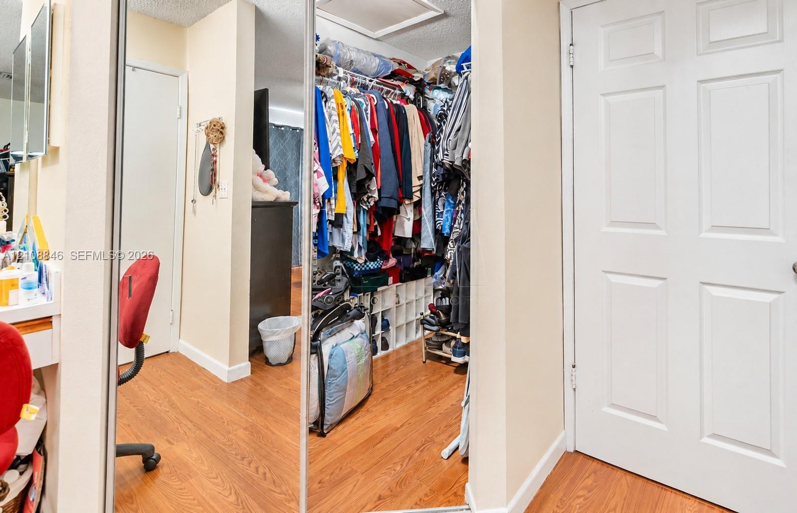 Walk-in closet featuring mirrored sliding doors, wood-finish flooring, and white paneled interior doors