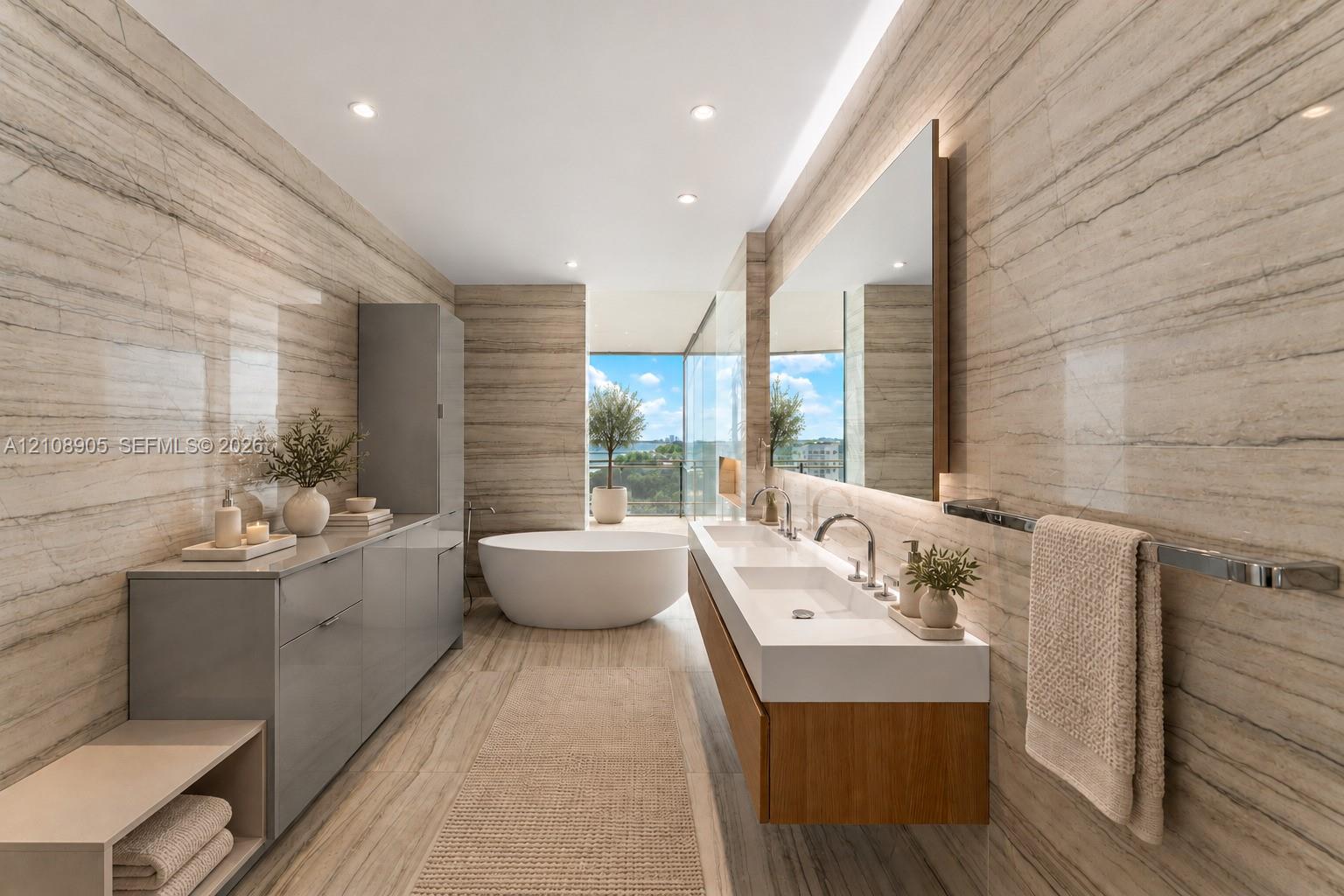 Full-wall natural stone cladding, floating wood-finish dual vanity with integrated double sinks, freestanding soaking tub, recessed LED lighting, and polished chrome fixtures