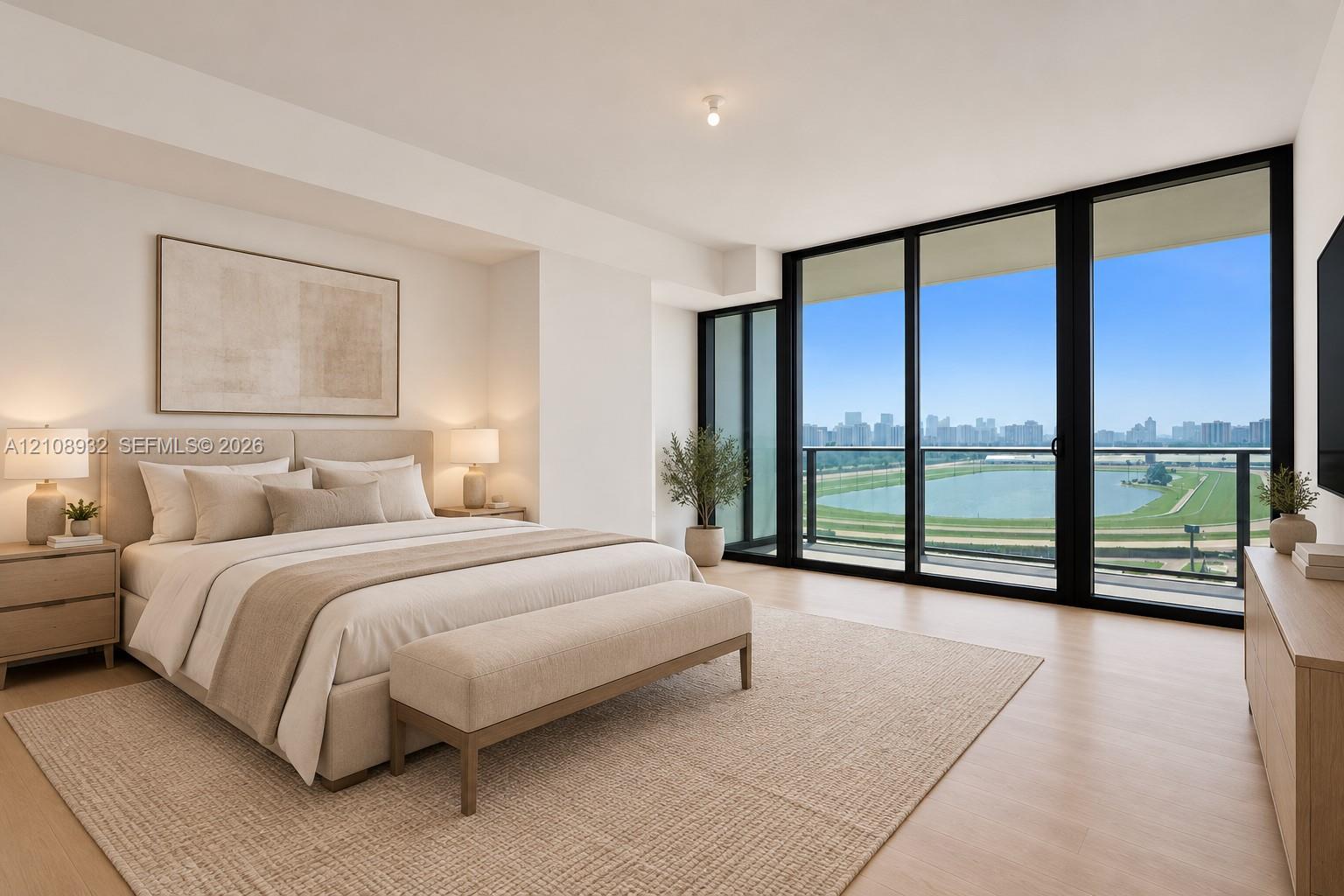 Floor-to-ceiling windows, wood-finish flooring, and black-framed sliding glass doors opening to an exterior balcony