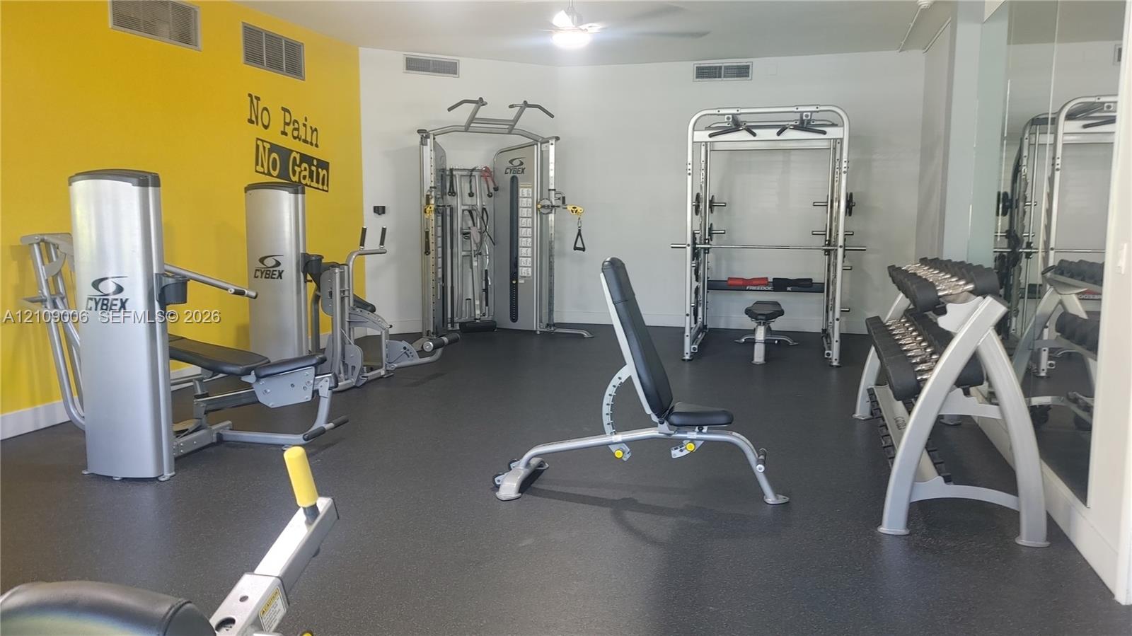 Fitness room featuring impact-resistant rubber flooring, mirrored walls, and ceiling-mounted lighting