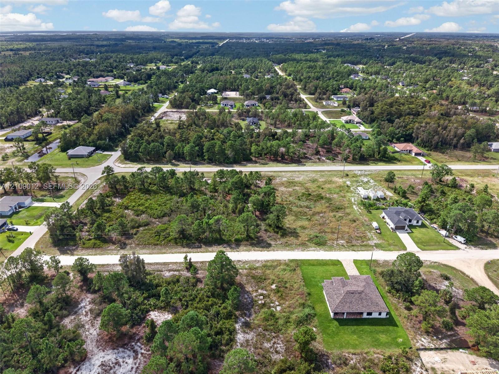 Aerial perspective of a multi-acre parcel featuring native vegetation, established trees, paved street access, and clear lot boundaries