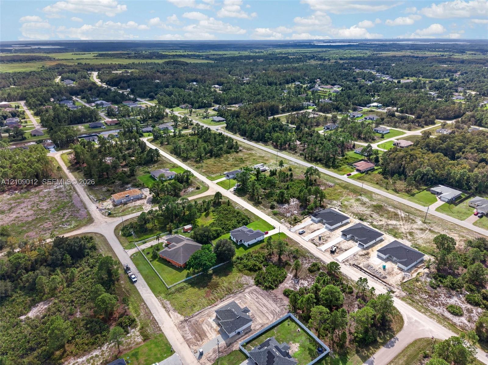 Aerial perspective of residential area featuring paved streets, established lot configurations, and surrounding woodland expanses