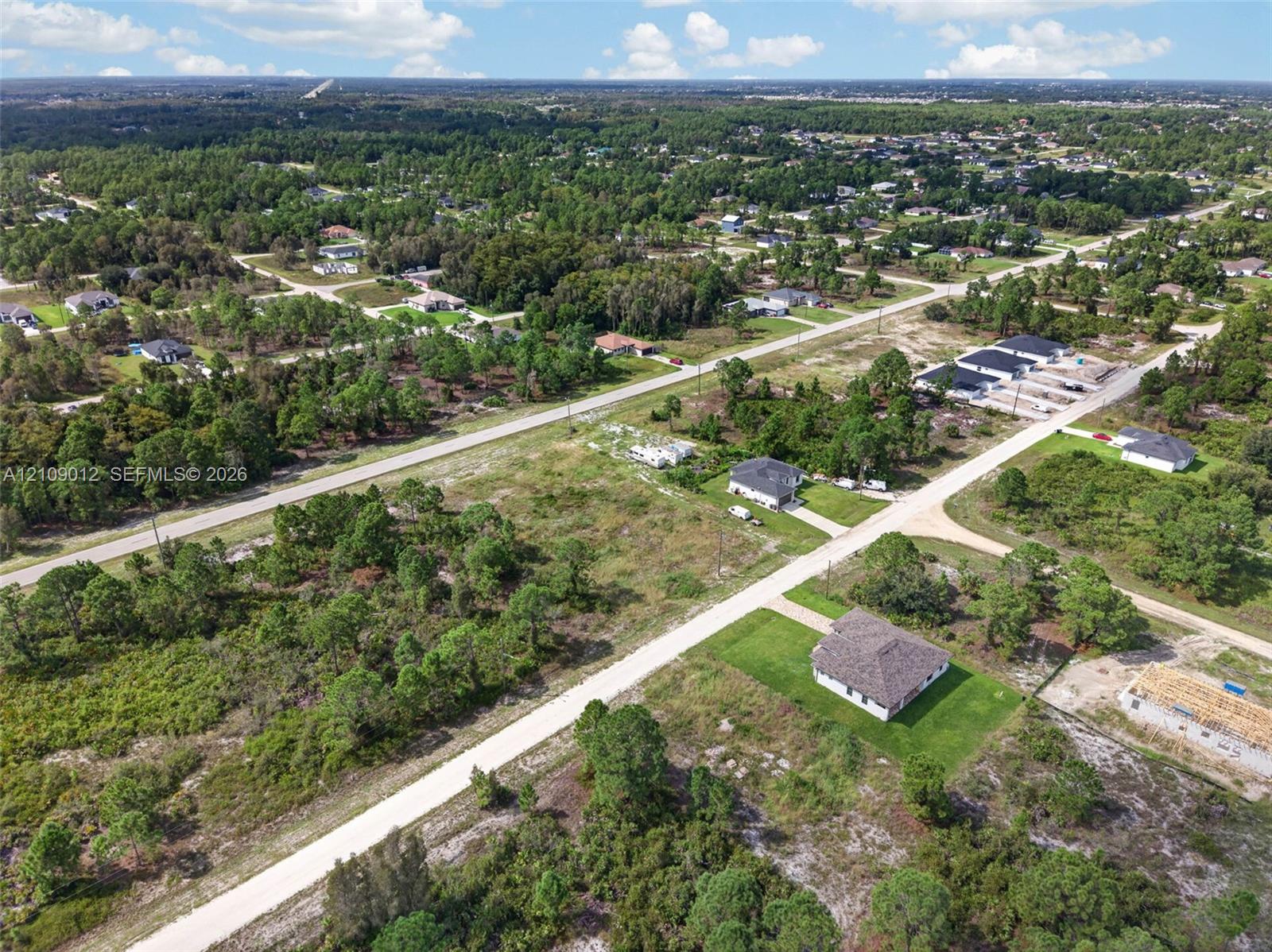 Aerial perspective of a multi-acre parcel featuring native vegetation, established trees, and paved street access