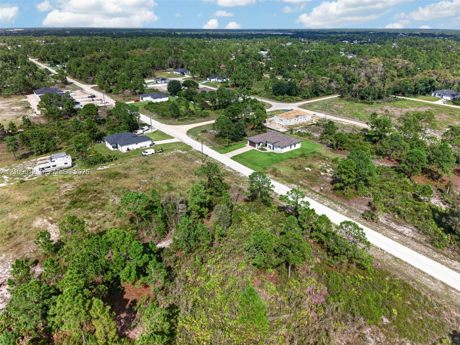 Aerial perspective of a vacant lot featuring mature vegetation, native trees, and direct access to a paved thoroughfare