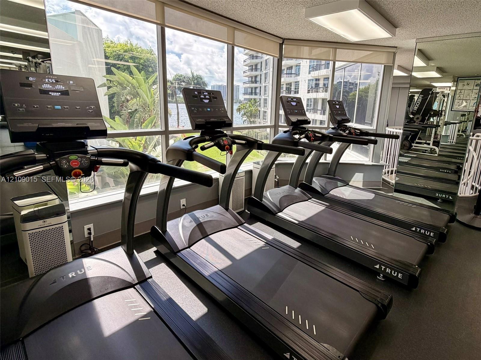 Fitness center featuring floor-to-ceiling windows, mirrored walls, and multiple professional-grade treadmills