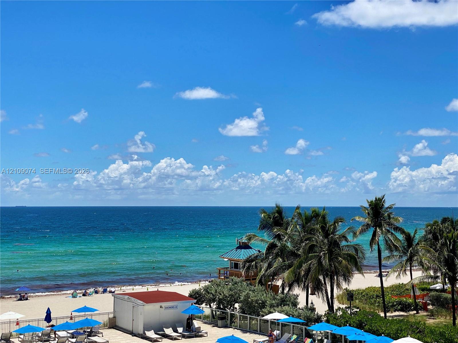 Direct oceanfront exposure featuring expansive sandy shoreline, turquoise waters, and established palm trees