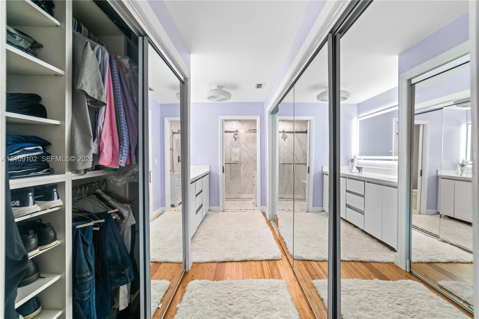Walk-in closet featuring floor-to-ceiling custom shelving, dual-sided mirrored sliding doors, wood-finish flooring, and recessed ceiling lighting