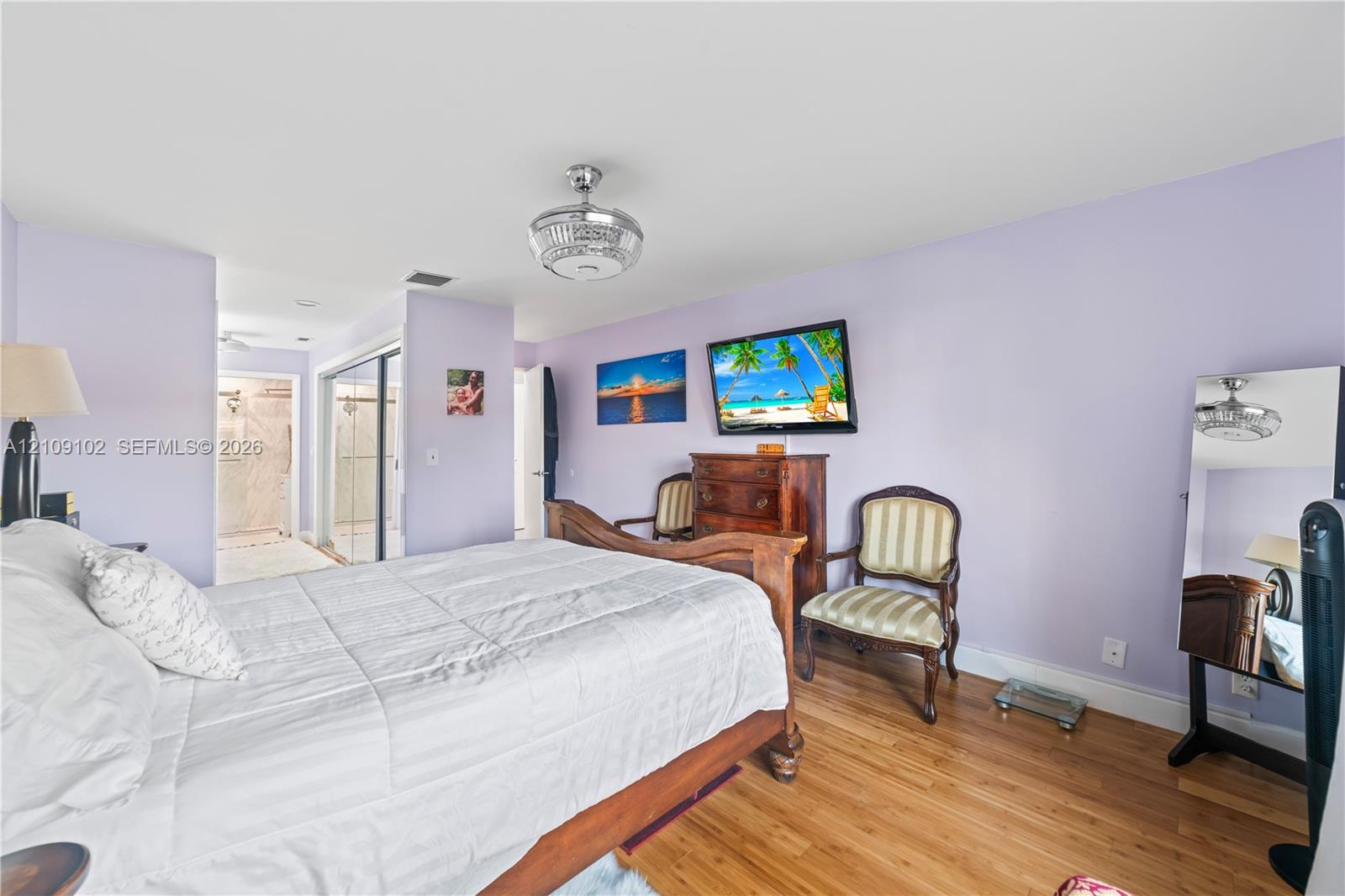 Wood-finish flooring, ceiling-mounted light fixture, and closet with sliding mirrored doors
