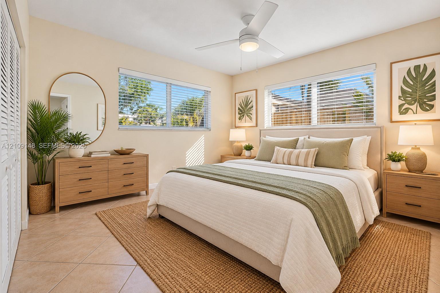 Neutral-toned interior featuring tile flooring, dual-pane windows, louvered closet doors, and a ceiling fan with integrated lighting