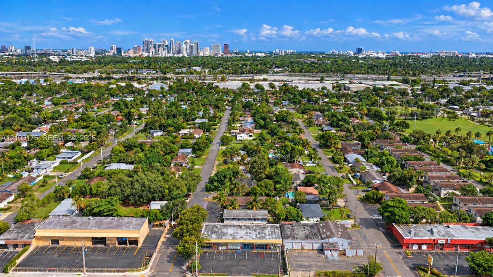 Aerial perspective of the property featuring paved off-street parking areas, established mature trees, and urban skyline backdrop