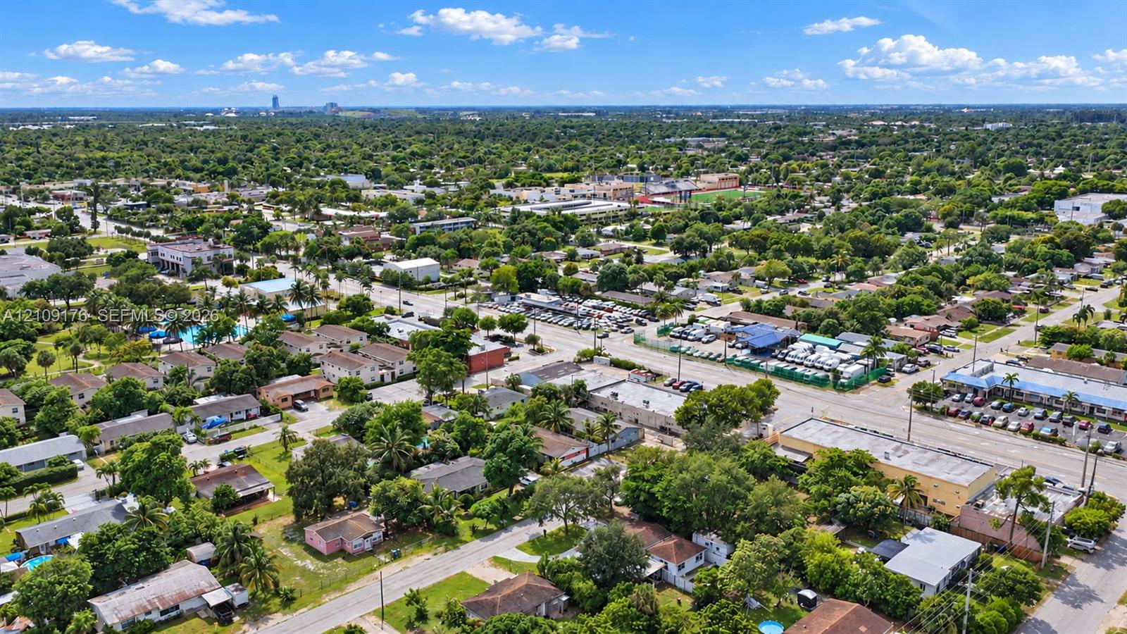Aerial perspective of a developed suburban landscape featuring mature canopy trees, residential dwellings, paved thoroughfares, and commercial infrastructure