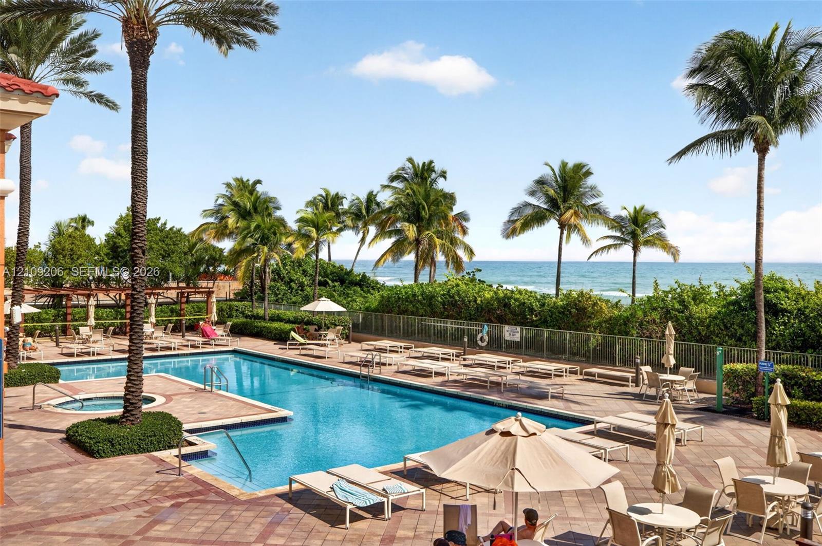 Swimming pool and integrated spa featuring a brick-paver deck and mature palm tree landscaping