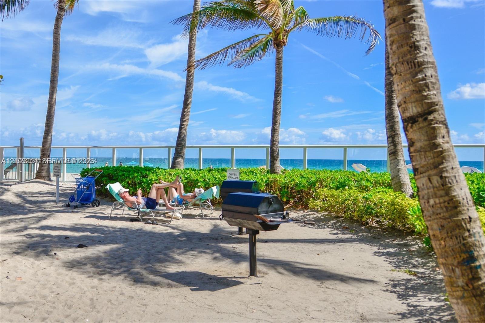 Outdoor recreation area featuring mature palm trees, sandy ground, built-in charcoal grills, and a white metal perimeter railing