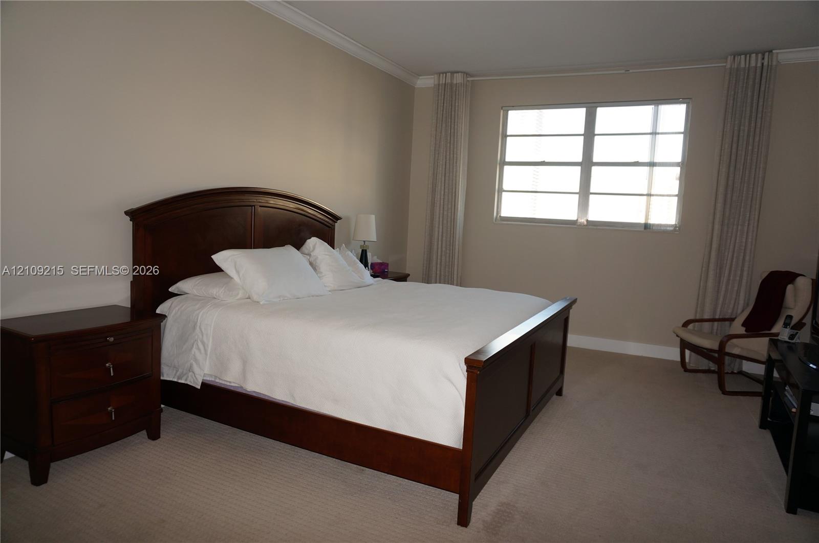 Neutral wall tones, carpeted flooring, multi-pane window, and crown molding