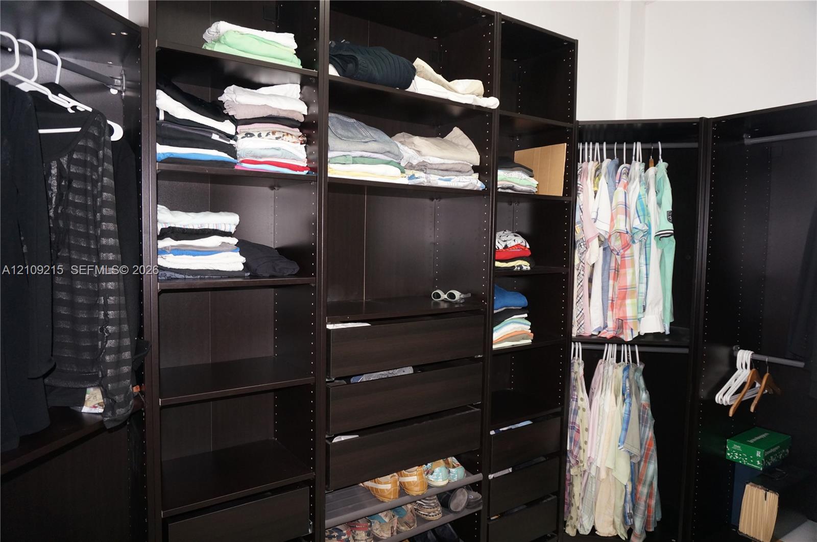 Built-in floor-to-ceiling storage system featuring a dark wood-finish, adjustable open shelving, multiple integrated drawers, and dual-level hanging rods