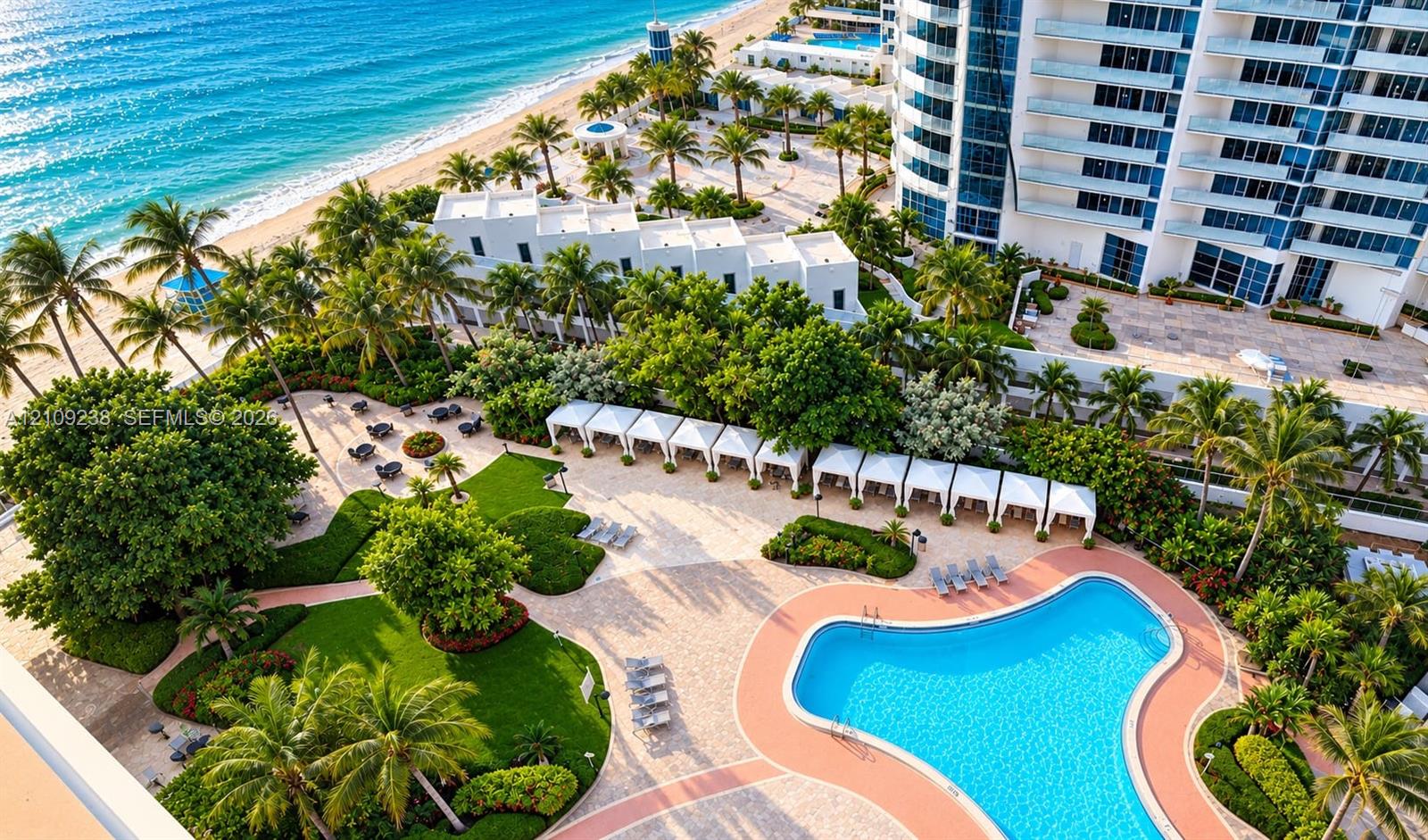 Outdoor recreation area featuring a swimming pool, paved pool deck, covered cabanas, and manicured landscaping with mature palm trees