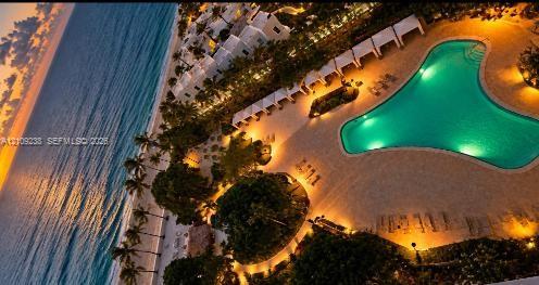 Aerial perspective of beachfront property featuring an expansive swimming pool, stone-paved pool deck, palm tree landscaping, and direct access to the coastline