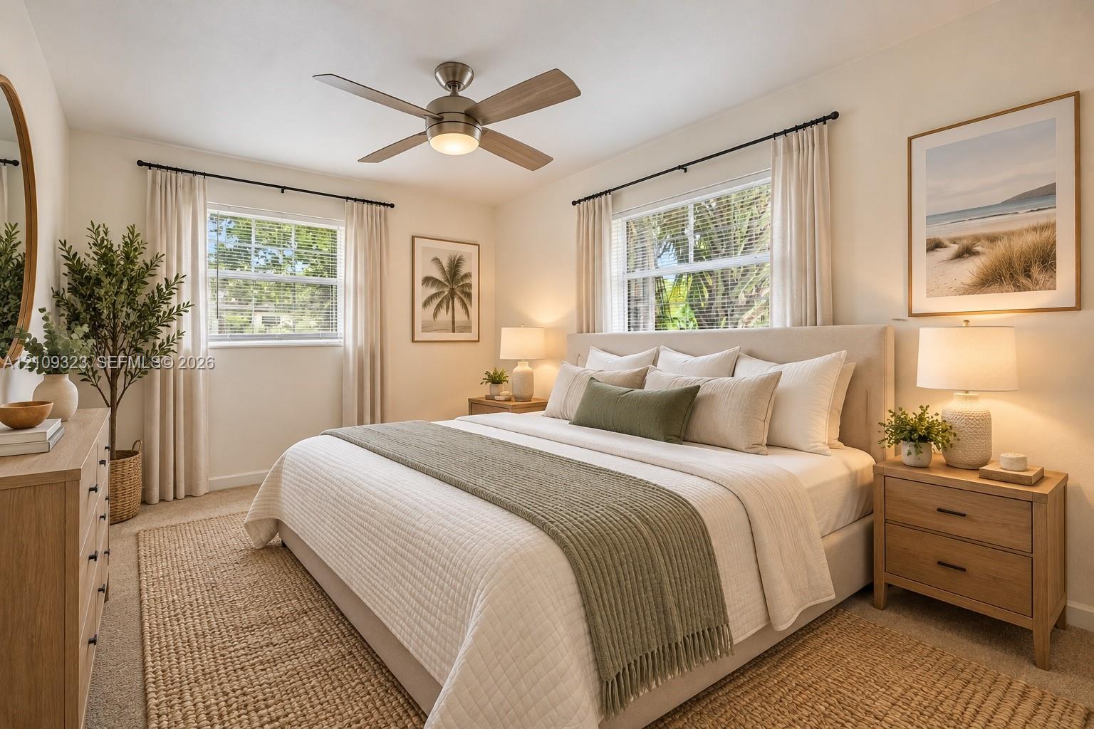 Neutral-toned bedroom featuring dual windows with curtain rods and a central brushed-nickel ceiling fan with integrated lighting