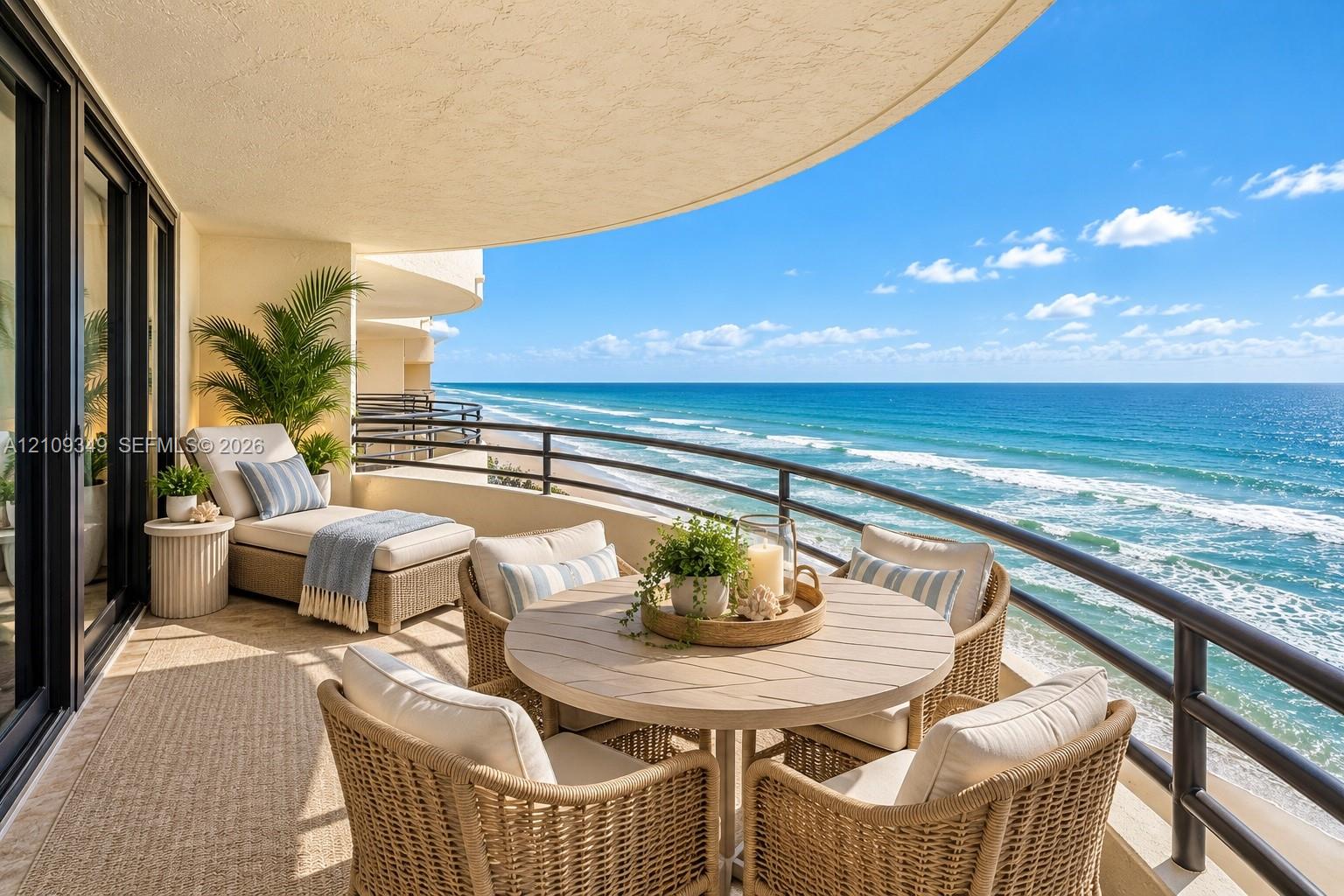 Covered balcony featuring a curved architectural design, metal railing, and direct oceanfront positioning