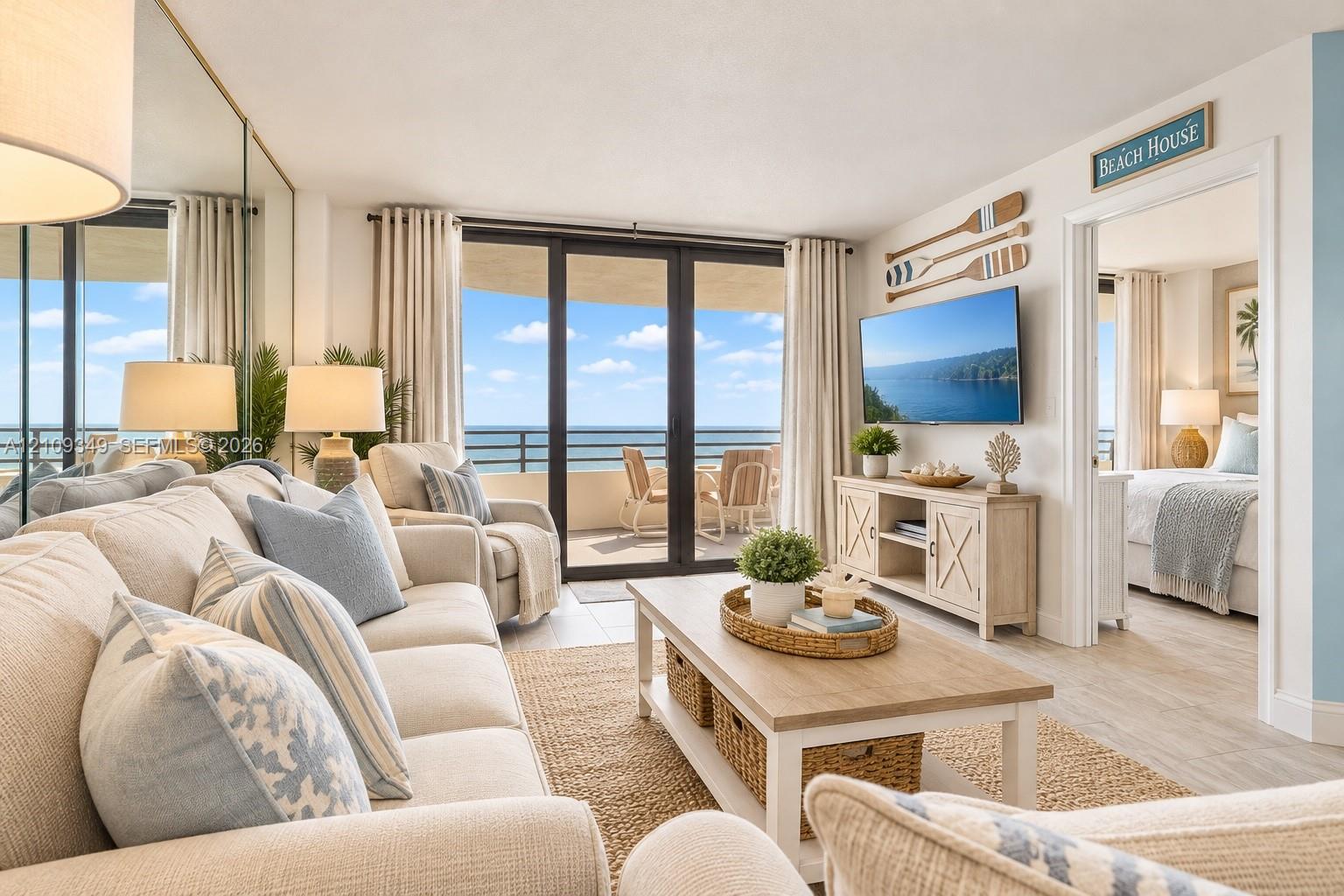 Living space featuring wood-finish flooring, floor-to-ceiling mirror paneling, and sliding glass doors opening to an exterior balcony