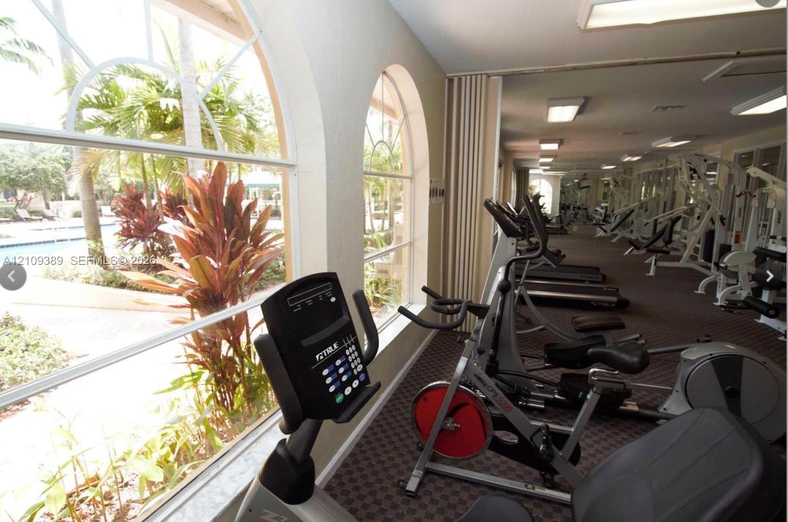 Fitness center featuring expansive floor-to-ceiling arched windows, patterned carpeting, recessed lighting, and mirrored wall surfaces