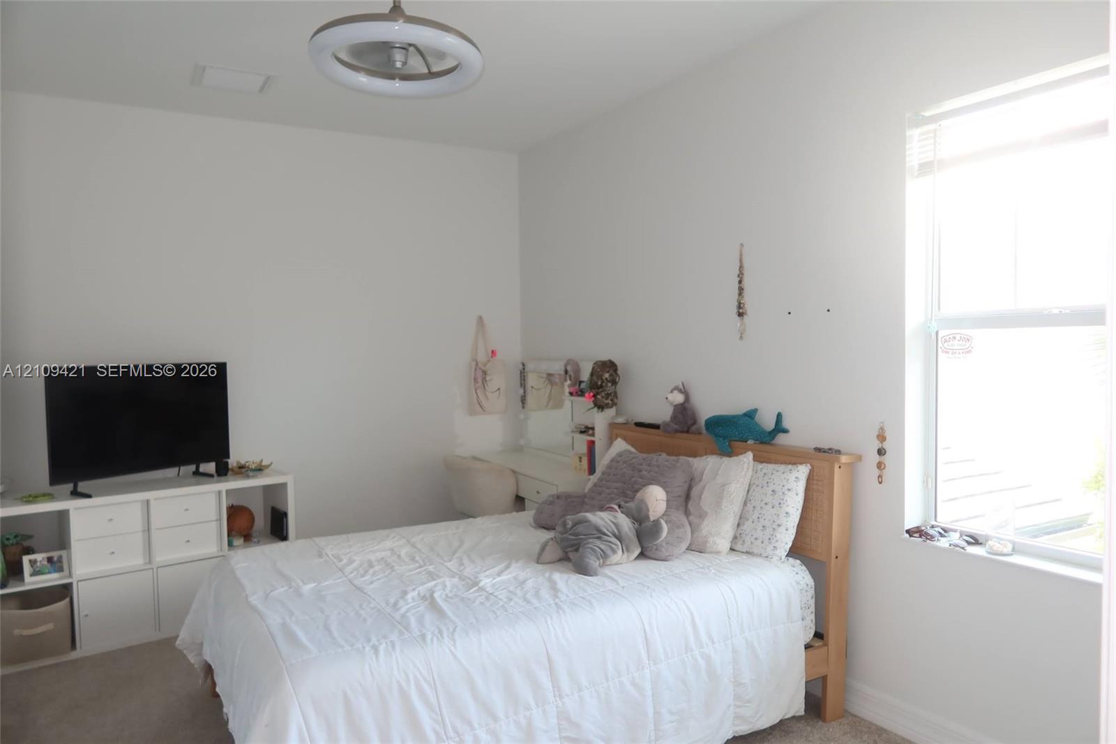 Neutral-toned interior room featuring wall-to-wall carpeting, an energy-efficient LED circular ceiling light fixture, and a large window providing natural illumination