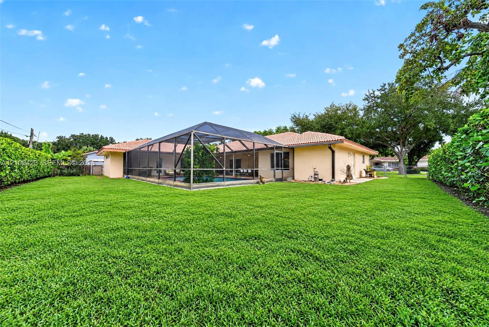 Expansive backyard featuring a sprawling lawn, screen-enclosed pool, tile roof, and privacy hedging