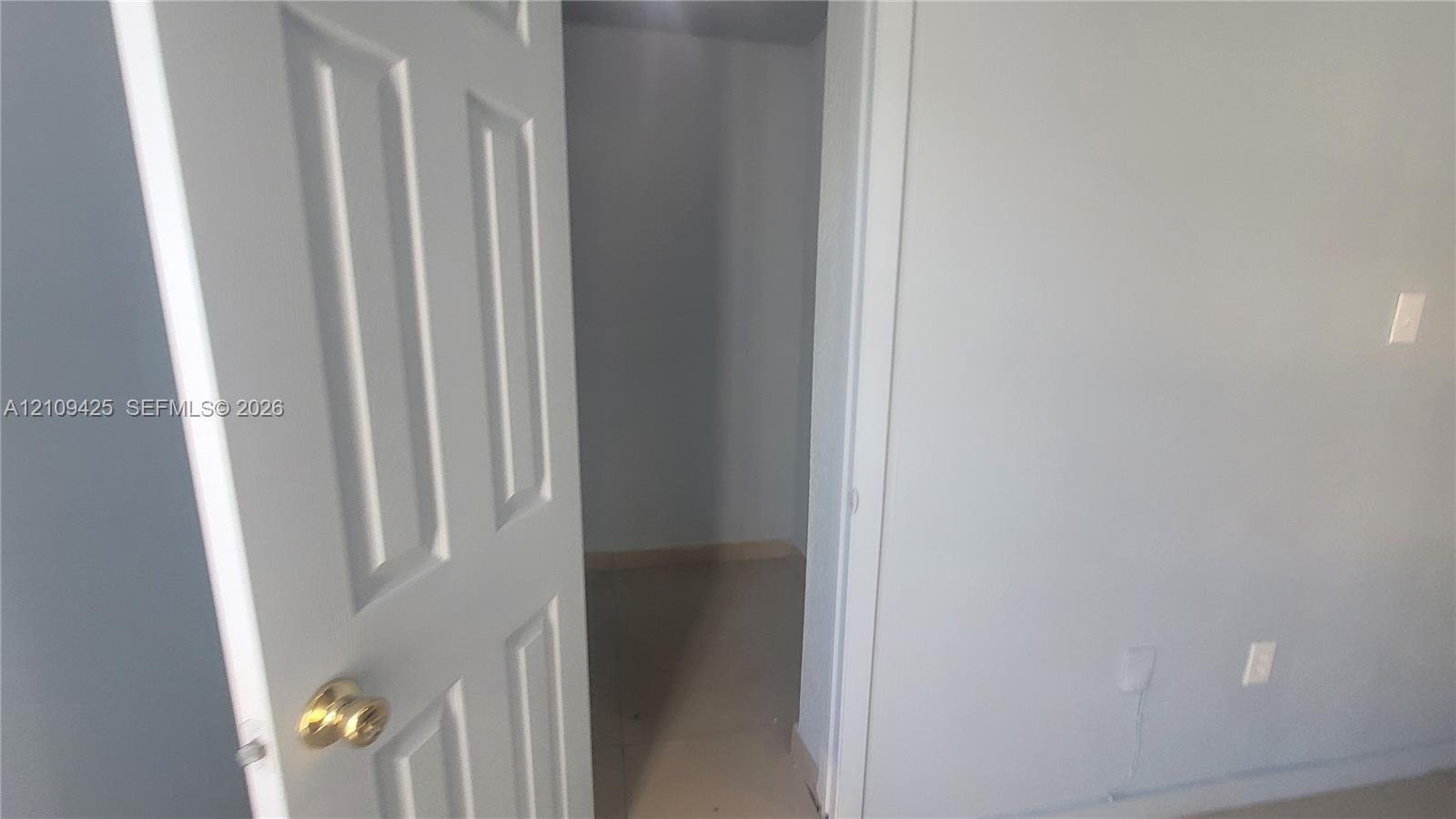 Interior storage space featuring a panel door with a brass-finish round knob