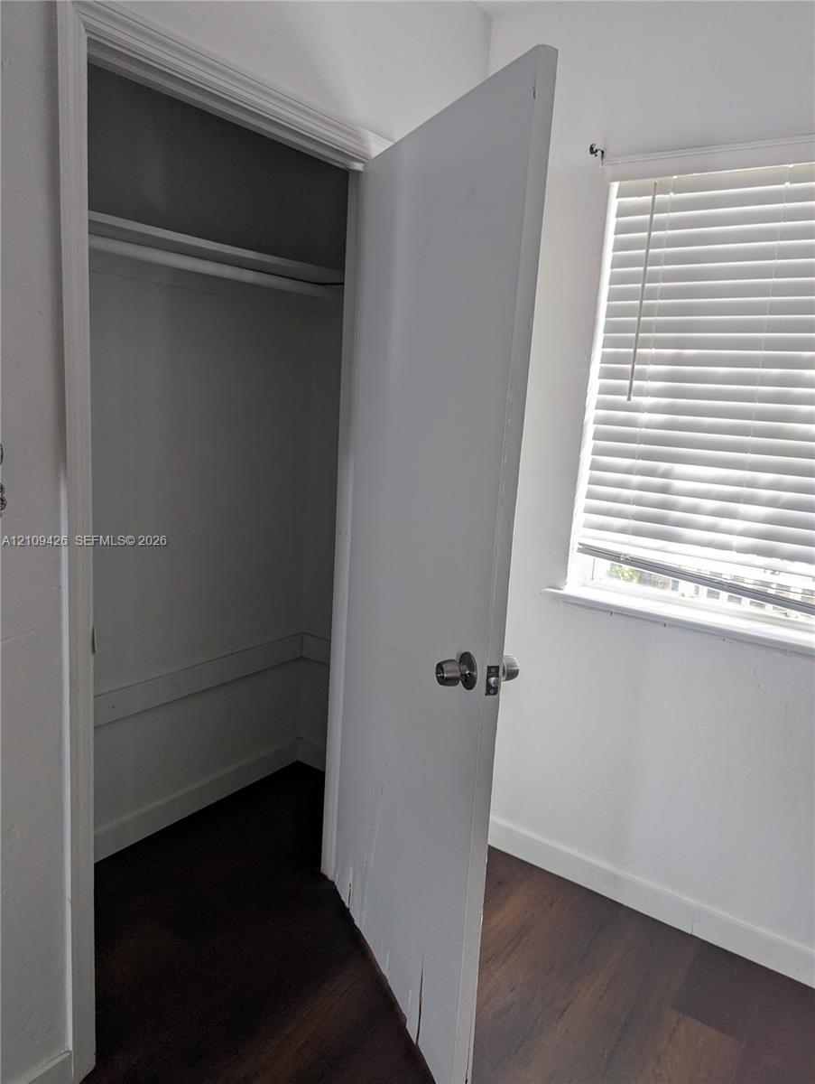 Interior space featuring wood-finish flooring, a built-in closet with an overhead shelf and clothing rod, and a window with horizontal blinds