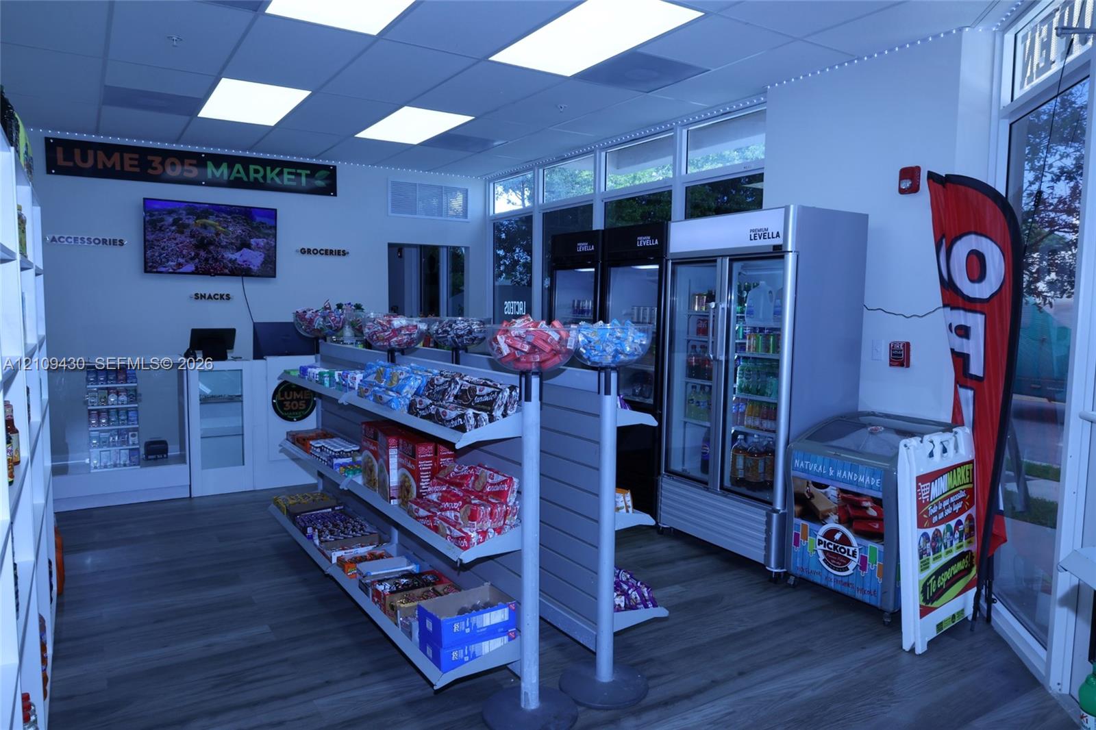 Commercial retail space featuring wood-finish flooring, recessed panel lighting, floor-to-ceiling glass storefront windows, and integrated display shelving units