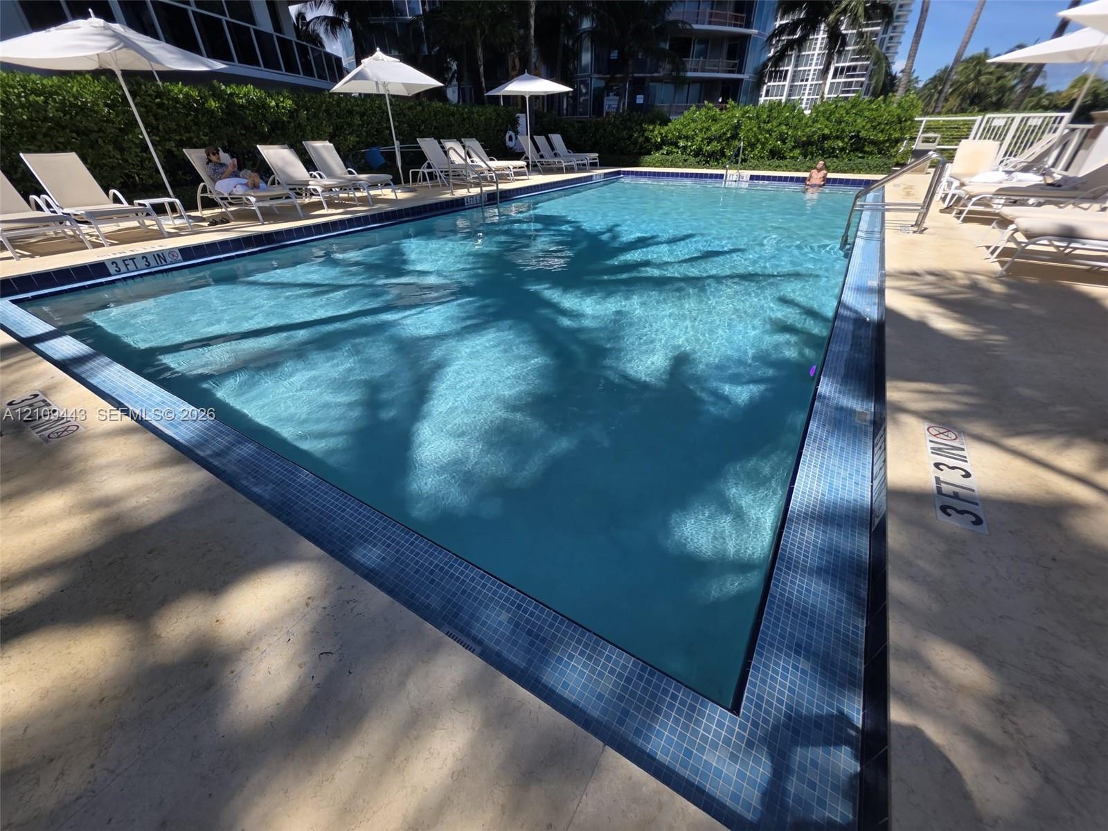 Rectangular in-ground swimming pool featuring a tiled waterline, metal ladder, and surrounding paved deck