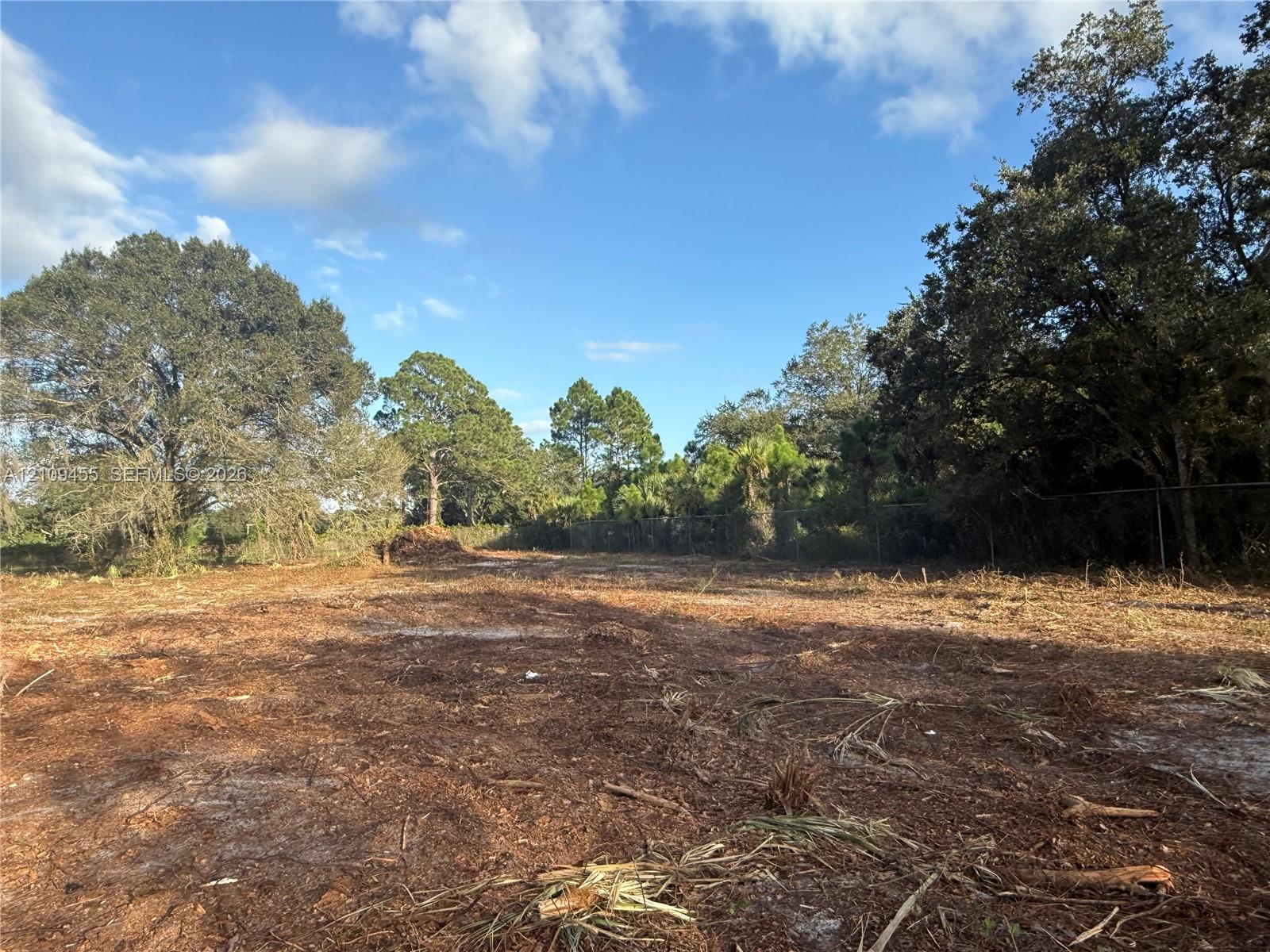 Expansive cleared lot featuring mature perimeter trees and chain-link fencing