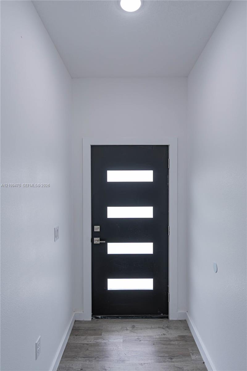 Modern black entry door featuring four horizontal glass inserts, brushed nickel hardware, and wood-finish flooring