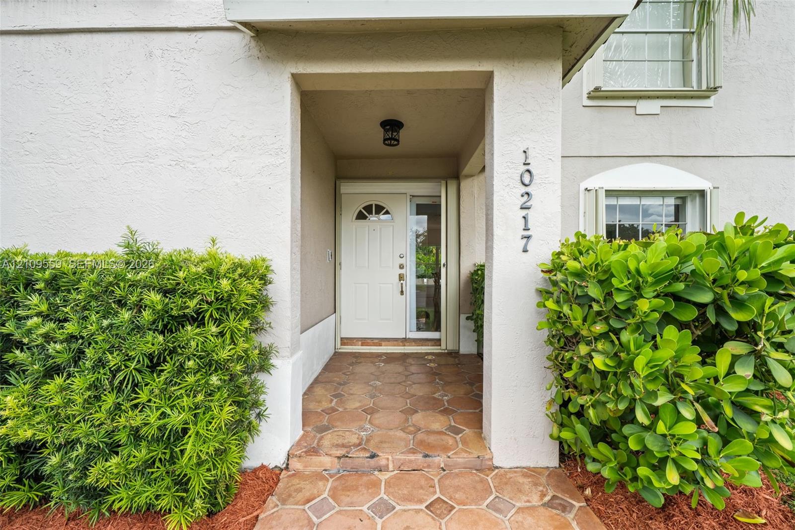 Entryway featuring stucco exterior, hexagonal tile flooring, decorative arched transom window door, and manicured landscaping