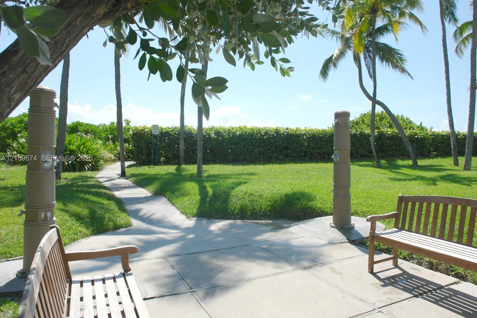 Manicured lawn, concrete pathway, standing outdoor showers, and mature palm trees Manicured lawn, concrete pathway, standing outdoor showers, and mature palm trees
