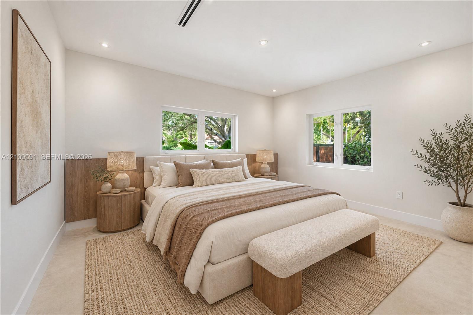 Virtually Staged: Neutral-toned room featuring wood-finish wall paneling, light-toned flooring, recessed lighting, and multiple windows